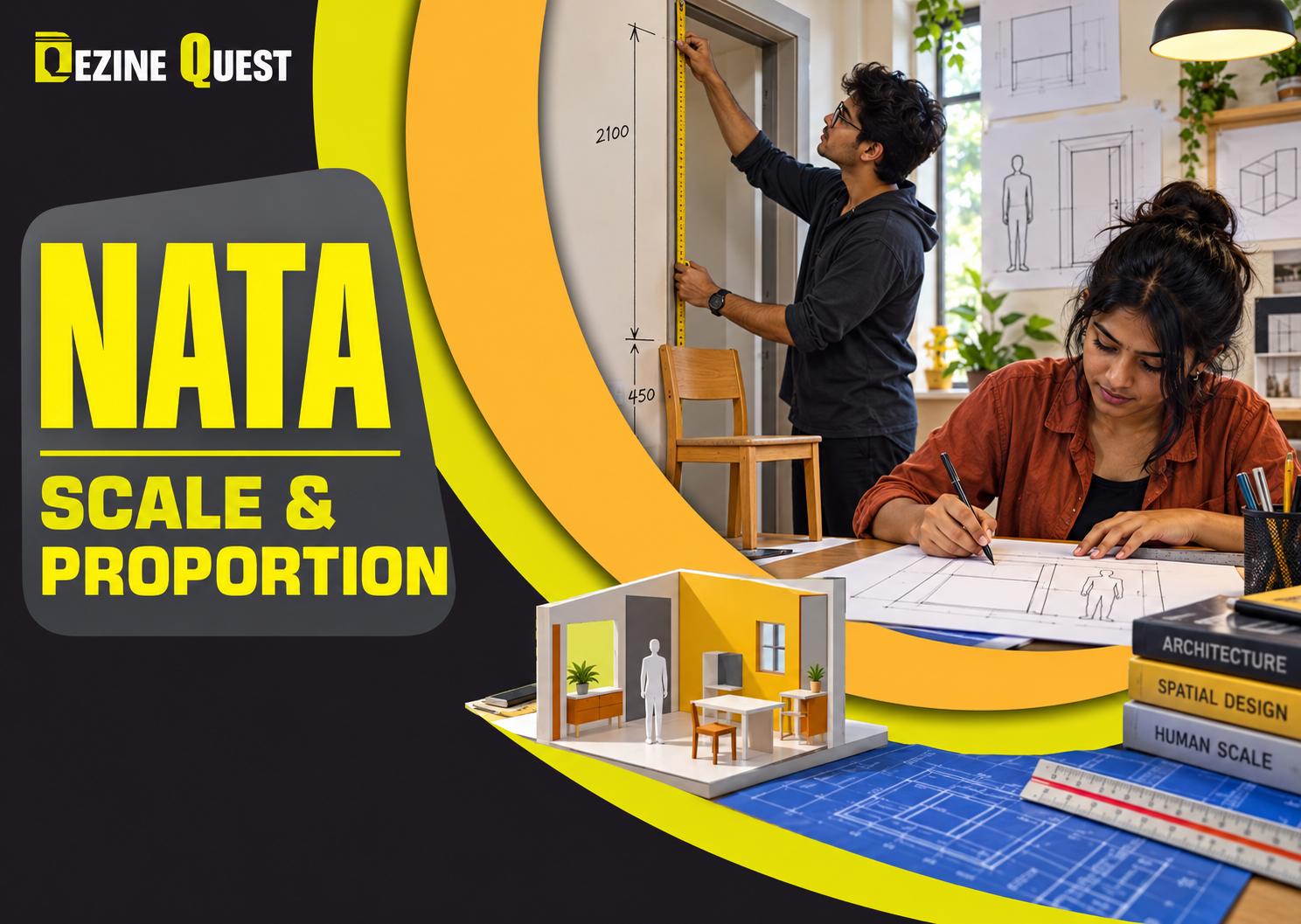 Student practising NATA architectural scale and proportion with human reference sketches