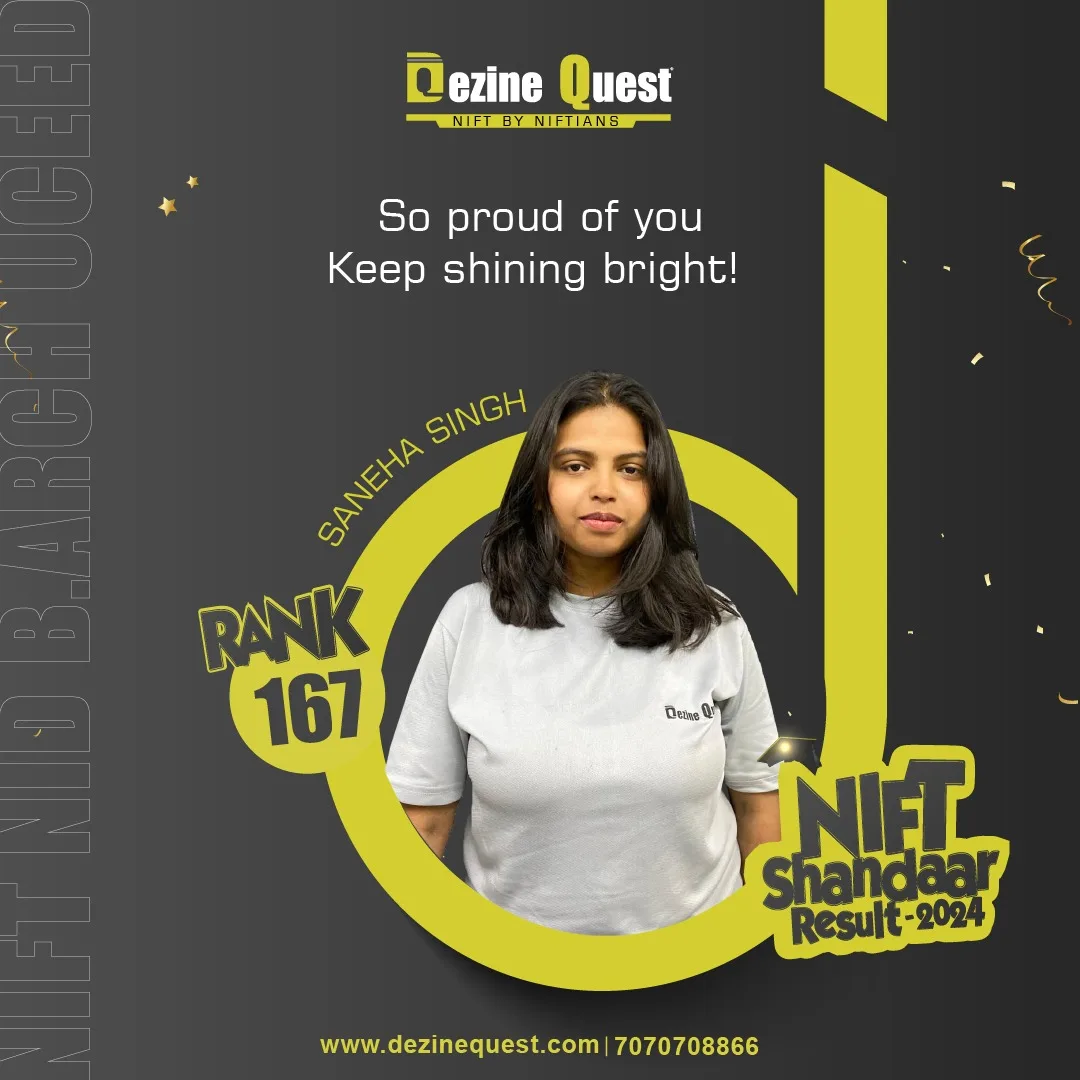 Dezine Quest 2024 student achiever poster for NIFT, NID, B.Arch and UCEED results