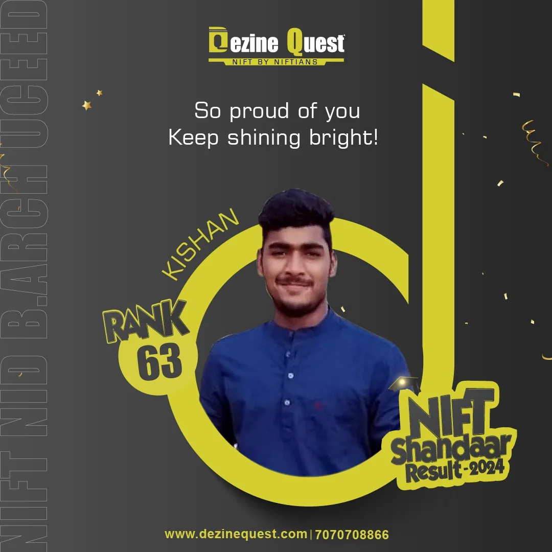 Dezine Quest 2024 student achiever poster for NIFT, NID, B.Arch and UCEED results
